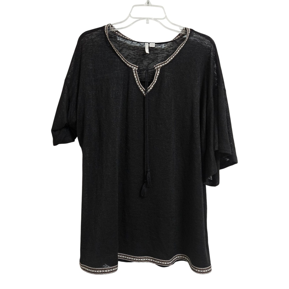 C. est 1946 Blouse Womens 18/20 Black Bohemian Embroidered Aztec Trim Semi Sheer